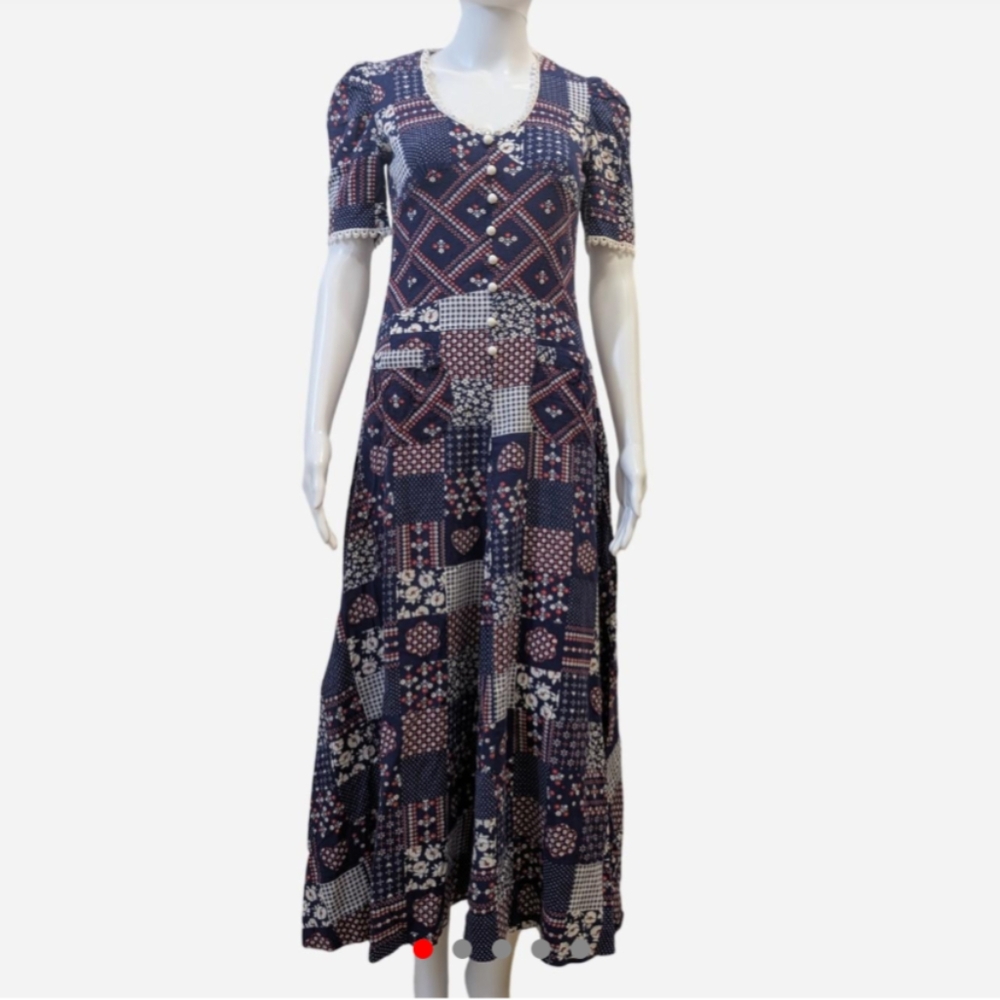 Vintage 1970’s Floral Bandana‎ Print Maxi Prairie DressNavy red and white patch